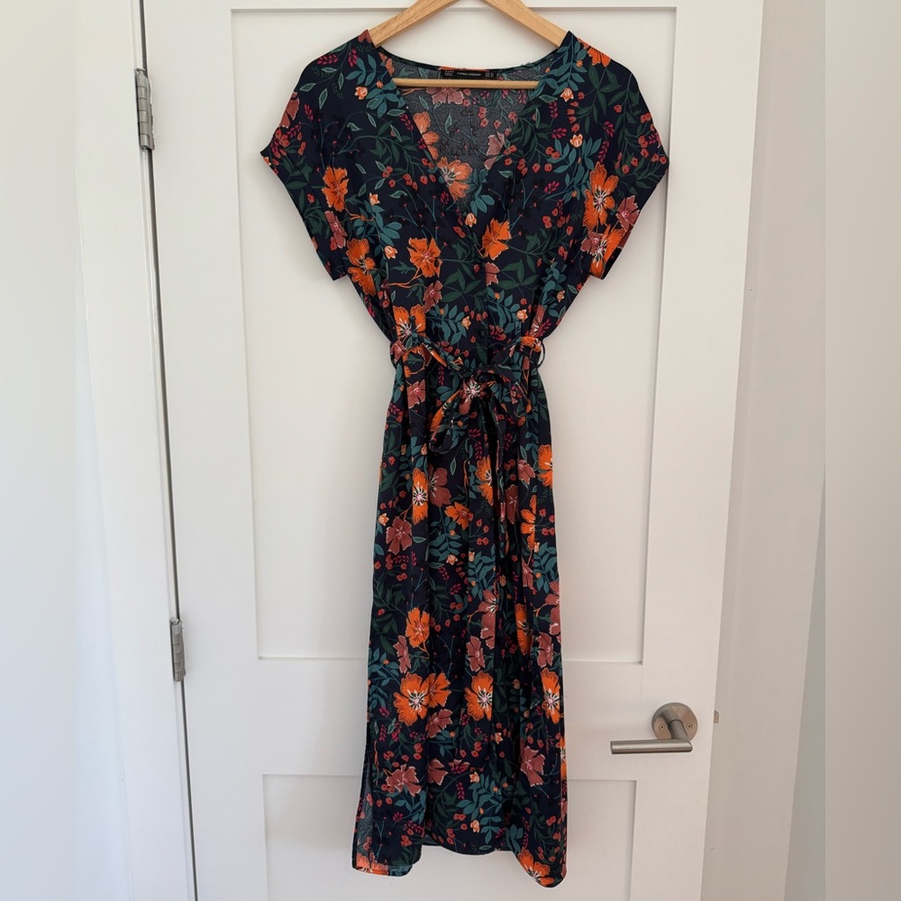 Zara Trafaluc Collection Tropical Floral Maxi Dress Blue Green and Orange